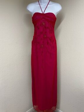 Y2K Roberta Fuchsia Beaded & Sequined Maxi Dress Small Open Back Prom Party